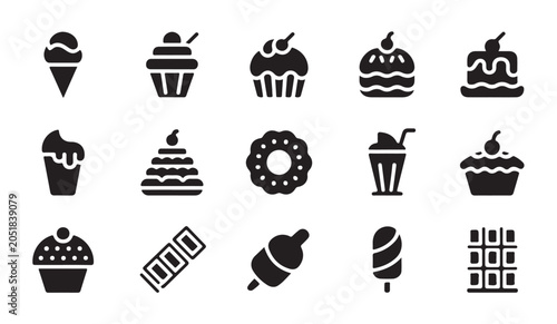 Photography Icon set of sweet desserts featuring various ice cream flavors cakes and chocolate bars