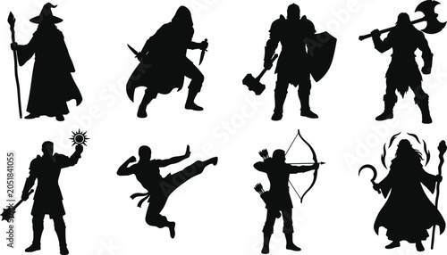 Fotografie Fantasy RPG Character Silhouette Set with Warrior Mage Archer and Rogue