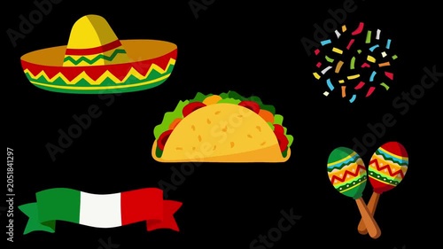 2D Animated Mexican Fiesta Collection with Sombrero Taco Maracas and Confetti for Celebration