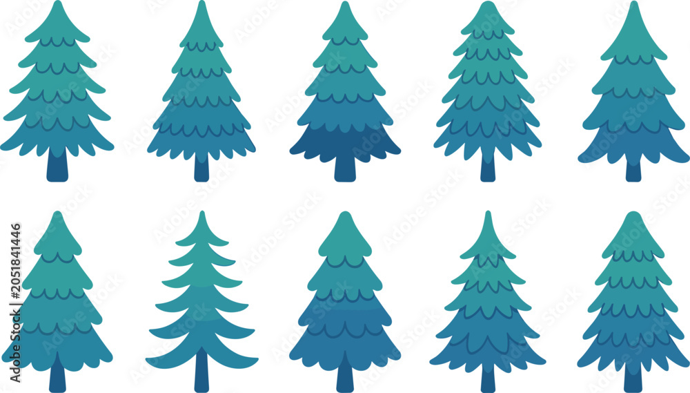 Obraz premium Flat Vector Green and Blue Pine Tree Collection with Conifer and Fir Silhouettes for Winter, Christmas, and Nature Landscape Graphic Designs