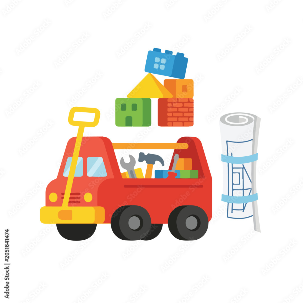 Naklejka premium This colorful vector illustration features a red toy truck carrying tools, accompanied by building blocks and a rolled-up blueprint.