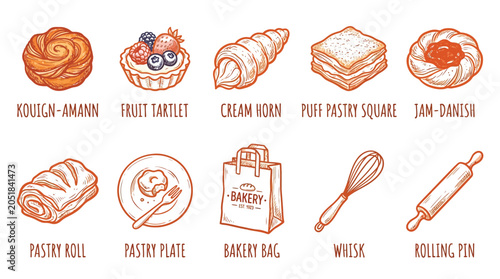 Εκτύπωση καμβά Collection of delicious pastries and baking tools, including a kouign-amann, fruit tartlet, cream horn, puff pastry square, jam danish, pastry roll, pastry plate, bakery bag, whisk, and rolling pin