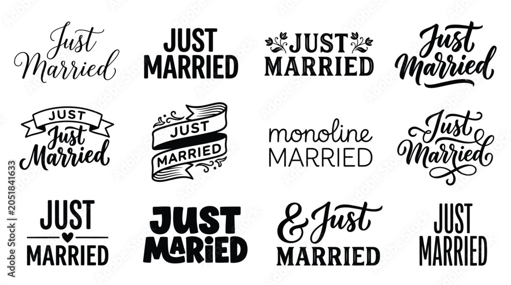 Obraz premium Various Just Married typography designs on white background