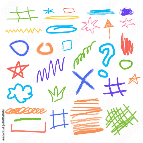 Hand drawn colored pencil scribbles, rough sketch stars, and underlines. Grunge chalk graphics elements, colorful charcoal arrows, circles and squiggles, abstract crayon textured doodles vector set