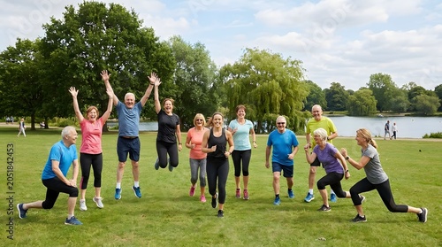 Diverse group of seniors enjoying outdoor fitness class in a park by the lake