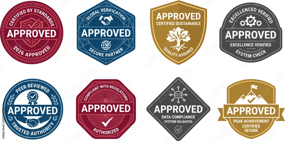 Fototapeta premium Approved Certified Badge Set Collection with Shield Seal Stamp Emblem Authority Verified Quality Assurance Professional Graphic Design Bundle