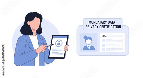 Professional Woman Completing Mandatory Data Privacy Certification on Tablet.