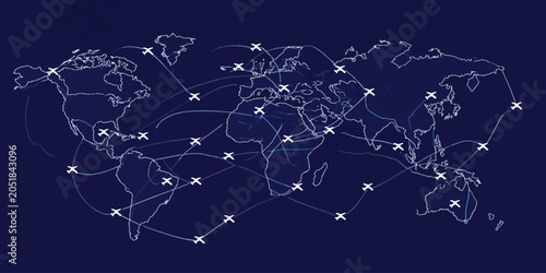 Obraz na płótnie Global network connectivity map with international flight routes and digital poi