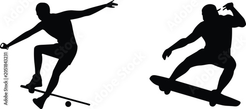 Obraz na plátně Pair of black skateboarder silhouettes performing mid-air tricks and stunts isol