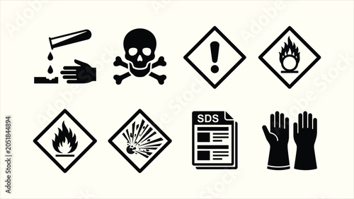 Chemical hazard and safety laboratory vector icon set collection