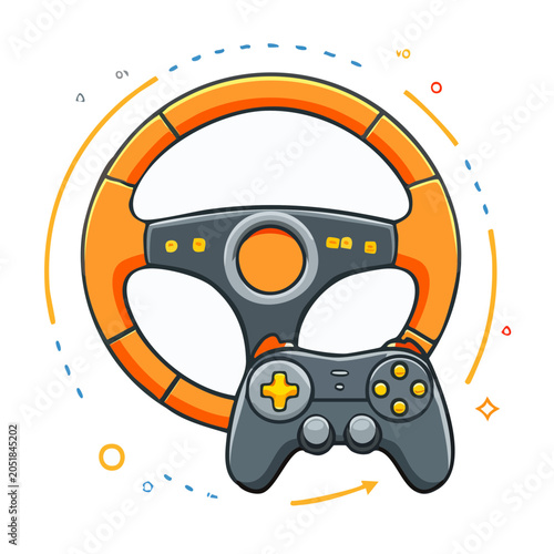 Flat design illustration of a steering wheel and gamepad