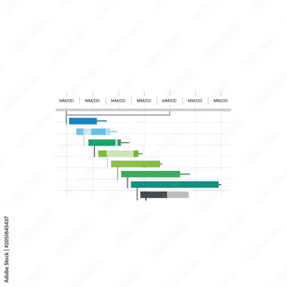 Obraz premium Clean project management timeline gantt chart with horizontal bars representing task progress and schedule planning on white background