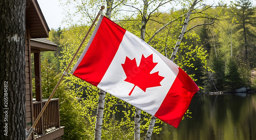 Canadian flag flying outside a rustic wooden cottage by a calm lake surrounded by birch trees
