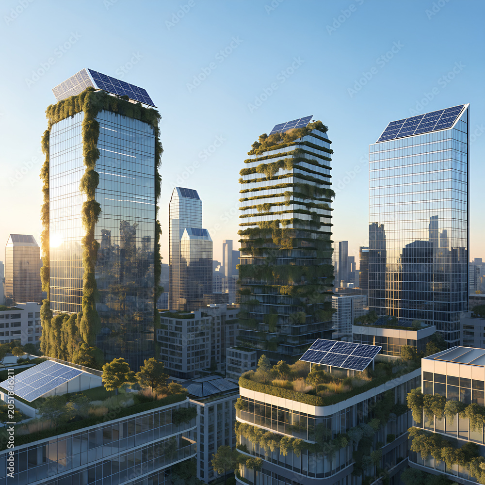 Fototapeta premium Futuristic Sustainable City Skyline with Green Skyscapers Covered in Plants and Solar Panels