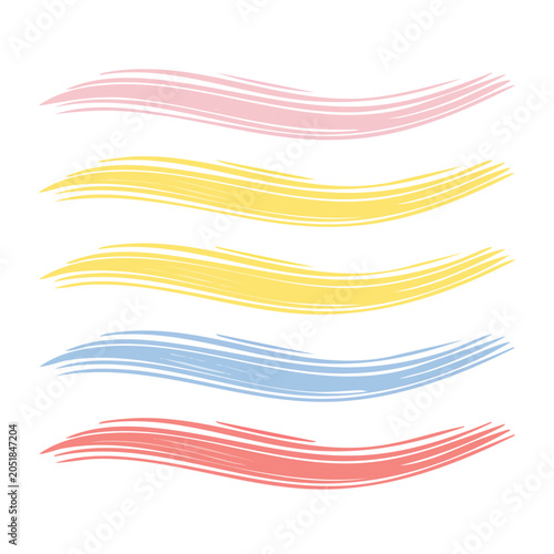 Set of five colorful abstract brush strokes on white background