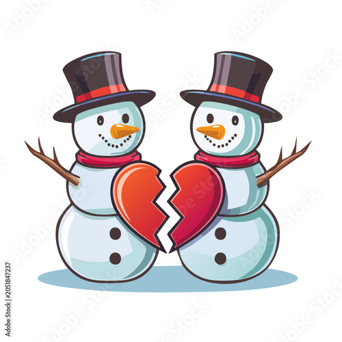 Two snowmen holding a broken heart