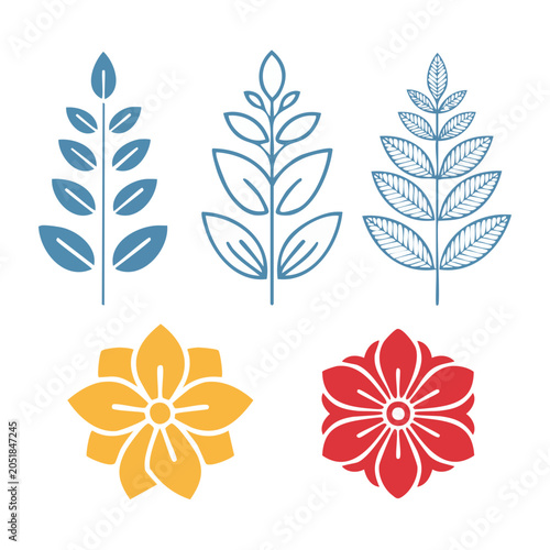 Set of flat design botanical icons with leaves and flowers