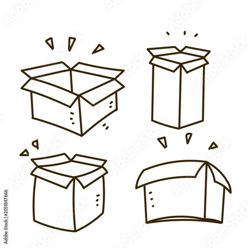 Hand drawn doodle illustration set featuring various states of cardboard boxes, including open, closed, and unboxing concepts. for e-commerce delivery, shipping, moving, and logistics icons