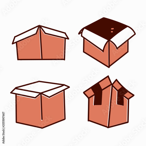 Hand drawn doodle illustration set featuring various states of cardboard boxes, including open, closed, and unboxing concepts. for e-commerce delivery, shipping, moving, and logistics icons
