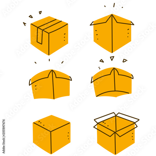 Hand drawn doodle illustration set featuring various states of cardboard boxes, including open, closed, and unboxing concepts. for e-commerce delivery, shipping, moving, and logistics icons