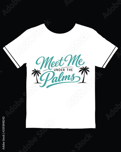 Fotografi White T-shirt with turquoise text and palm trees for summer vacation and tropica