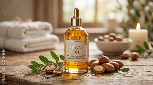 A bottle of argan oil with nuts and leaves on a wooden table indoors