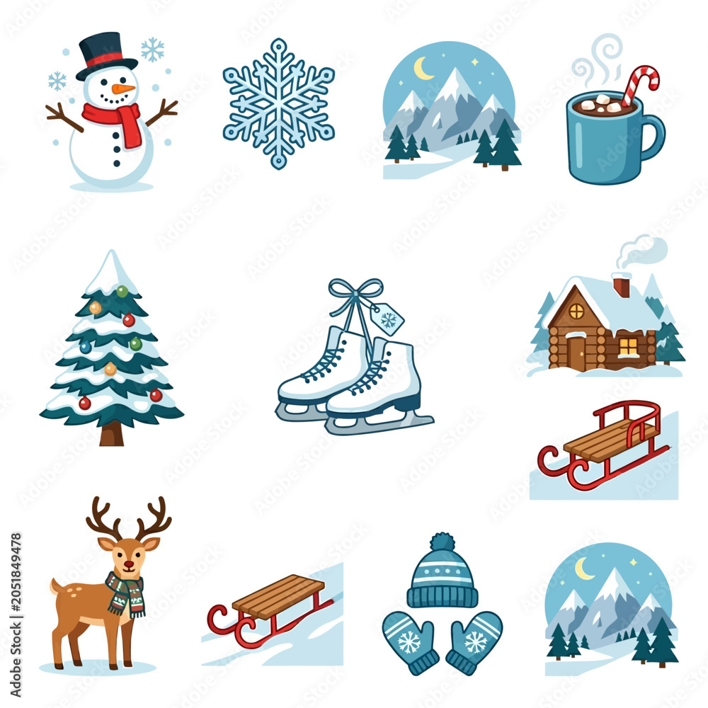 Fototapeta premium Collection of various winter-themed illustrations including a snowman, snowflake, ice skates, log cabin, deer, and Christmas tree.