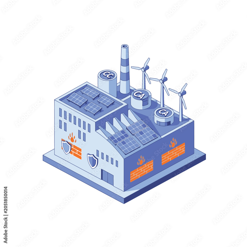 Obraz premium Sustainable Factory with Solar Panels and Wind Turbines