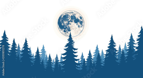 Moon above silhouette of pine trees.