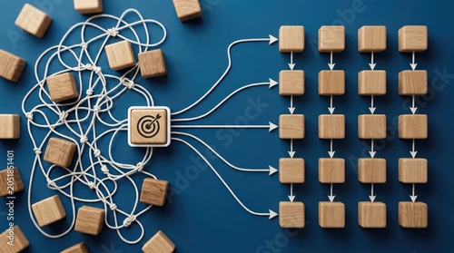 Wooden cubes tangled mess transform into organized flowchart