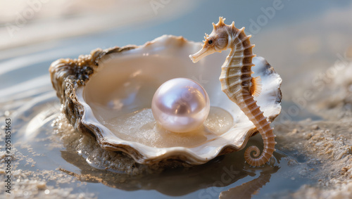 Seahorse Beside a Pearl Inside an Open Oyster in Magical Underwater Scene