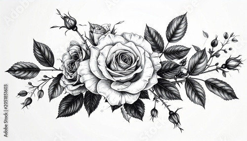 Monochrome Rose Arrangement: A detailed pencil drawing of a blooming rose bouquet, featuring intricate petals and lush foliage, presented in a classic black and white aesthetic.