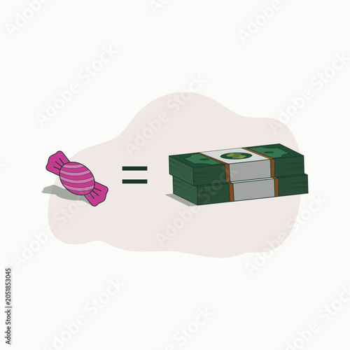 Candy equals money vector illustration representing the economic value of inflation, rising food costs, and purchasing power