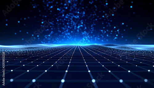 Digital Cosmos: A breathtaking abstract visualization of interconnected data points, forming glowing grid lines and shimmering particles against a deep blue expanse.