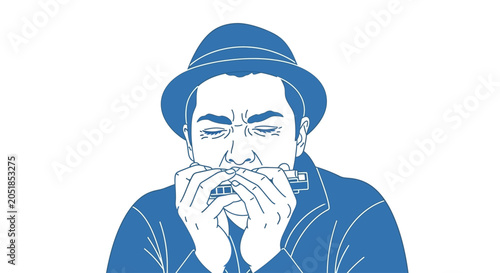 Canvas Print Man wearing a hat playing harmonica.