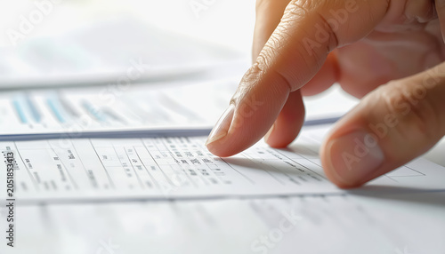 Close-up of a finger pointing at a document with charts and graphs, business analysis