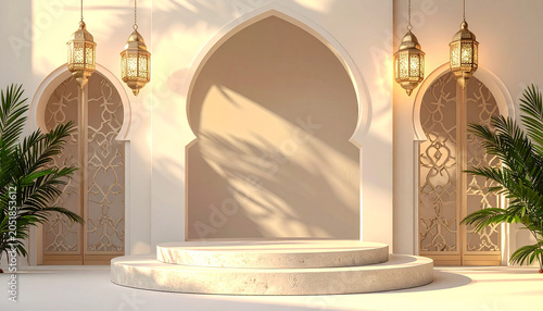 Islamic Stage Display: An elegant stage with arches, lanterns, and palm plants in soft golden light, perfect for presentations and cultural events.