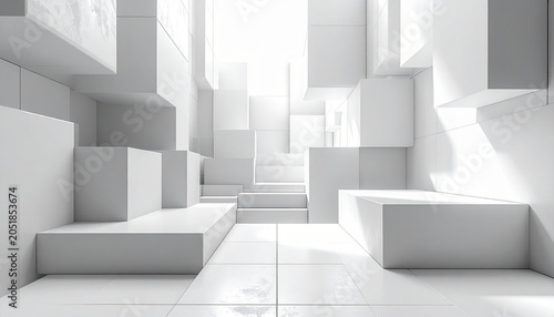 Abstract White Geometry: A striking composition of white geometric shapes and planes creates an optical illusion of depth and movement, bathed in bright, ethereal light.
