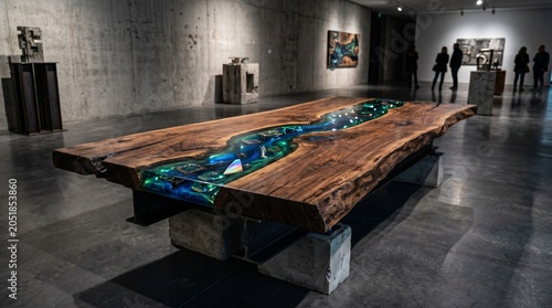 Abstract Avant-Garde Table Petrified Wood Epoxy Resin Futuristic Gallery Interior Ambient Video interior of the church