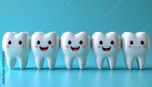 Happy Teeth Row: A row of cute, smiling cartoon teeth stands side-by-side against a vibrant blue background, representing dental health and happiness.
