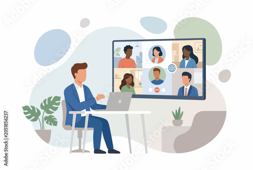 Remote Businessman Leading Video Conference on Large Curved Screen