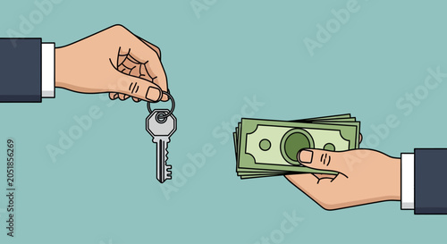 Hands exchanging money for a key.