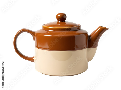 Brown and white ceramic teapot with lid on table