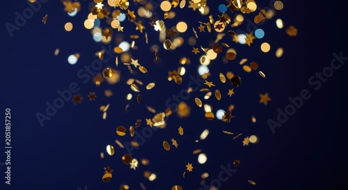 Golden confetti particles and stars falling against dark blue background