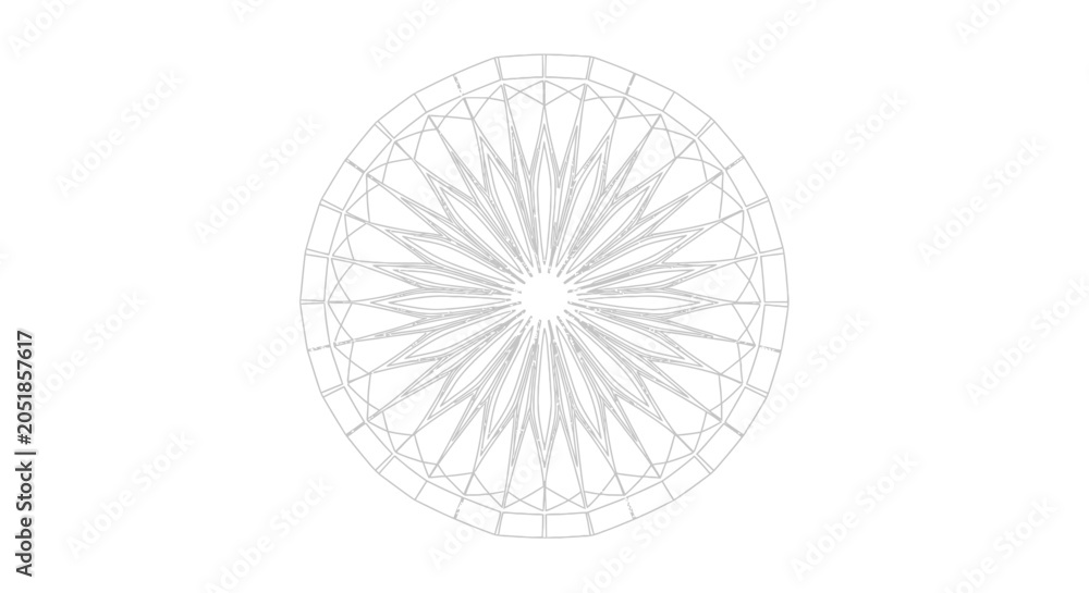 Obraz premium Geometric symmetrical radial pattern with intricate lines and sharp angles on a white background, resembling a starburst or a stylized flower