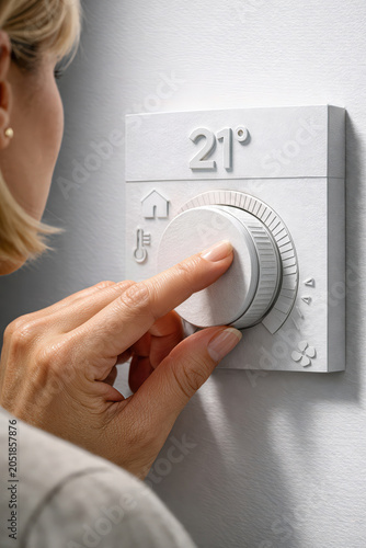 Close up of hand turning rotary thermostat dial showing 21 degrees