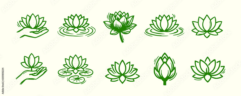Fototapeta premium Hand Drawn Green Lotus Flower Logo Icons Set. Sketch Organic Water Lily and Sacred Lotus Wellness Branding Collection. Spa Yoga Meditation Natural Beauty.