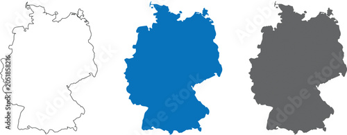 Germany map vector illustration silhouette set including contour outline and blue fill versions for european travel destination design and geography education.