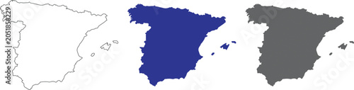 Spain map vector illustration silhouette set including balearic islands for mediterranean travel marketing geography lessons and professional cartographic layout.