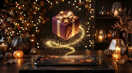 3D luxury burgundy gift box floating over phone on wooden table with bokeh lights